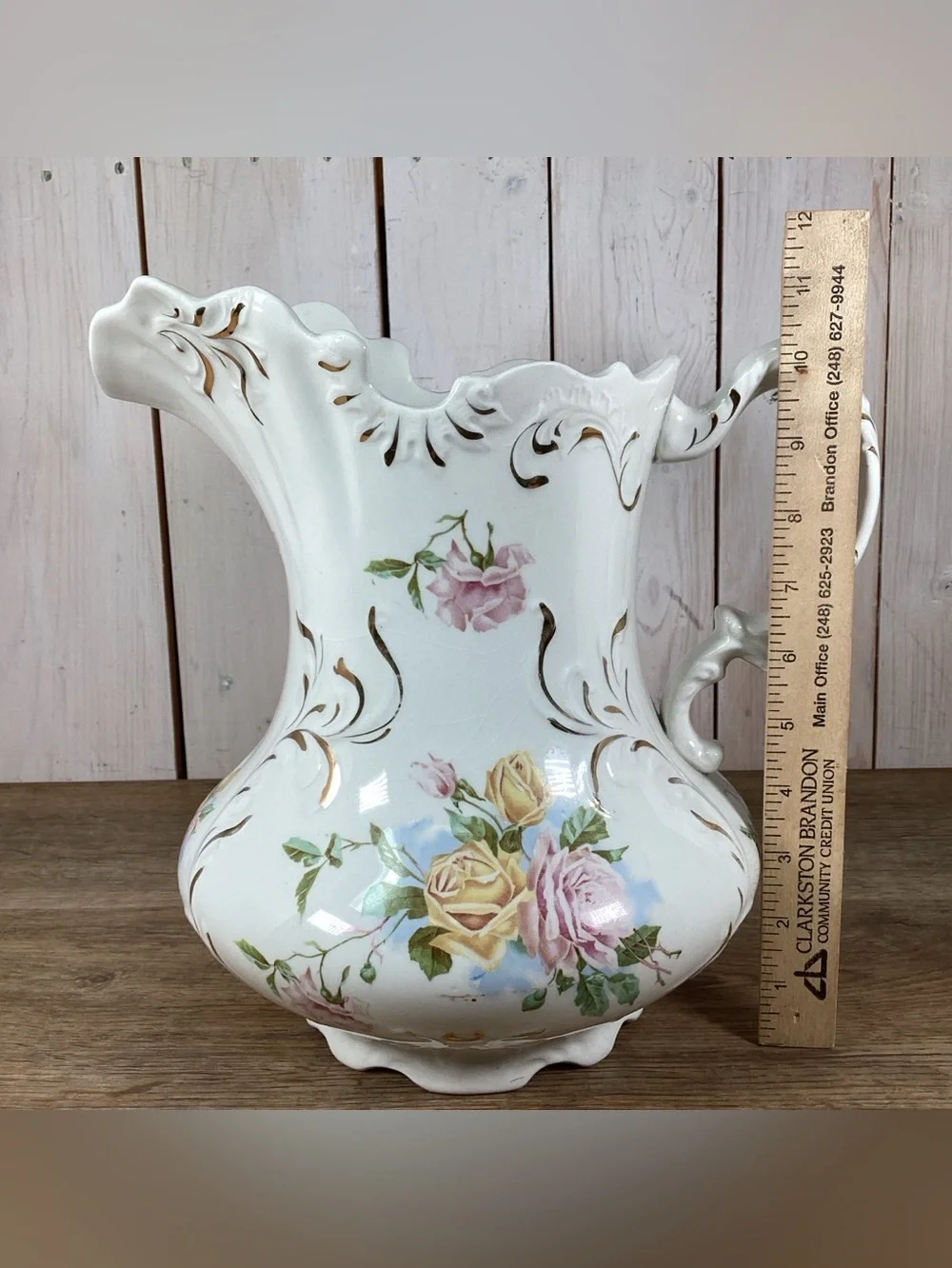 Antique WC Co Semi Porcelain 11” Pitcher Pink & Yellow Roses Gold Leafing Emboss